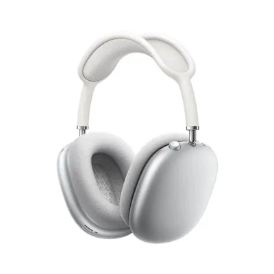 Silver over-ear wireless headphones on a white background