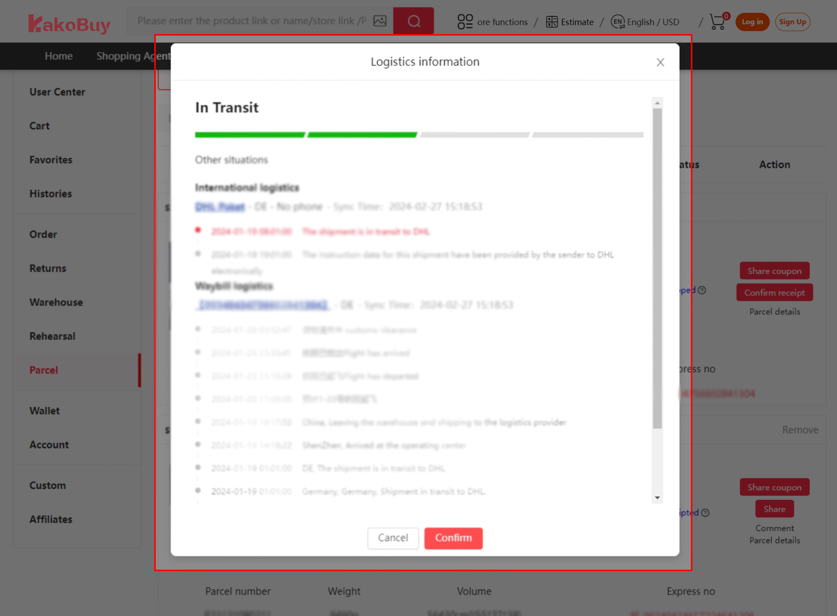 Parcel logistics information modal showing shipment events