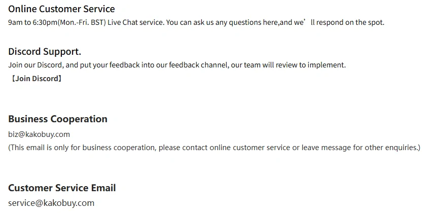 Kakobuy contact page support channels